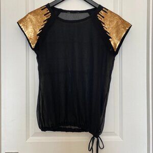 Sheer Black Art-Deco Top With Gold Sequined Sleeves